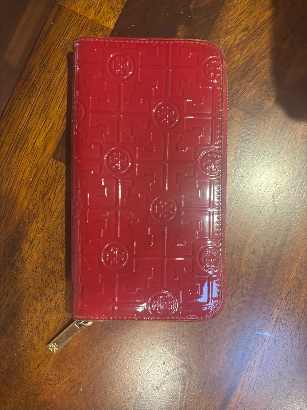 Tory Burch Glossy Red Patent Zip Wallet with Logo Embossing